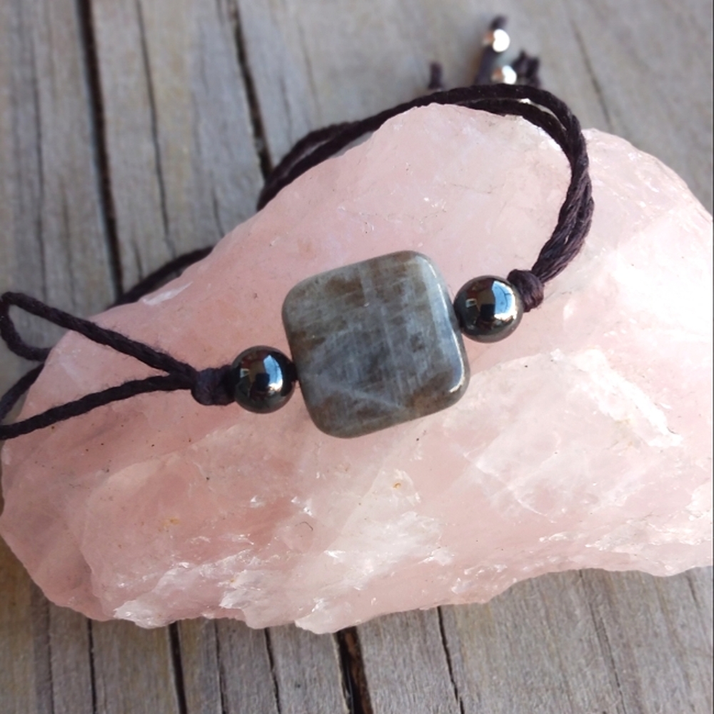 Minimalist Larvikite Labradorite And Hematite Adjustable Bracelet